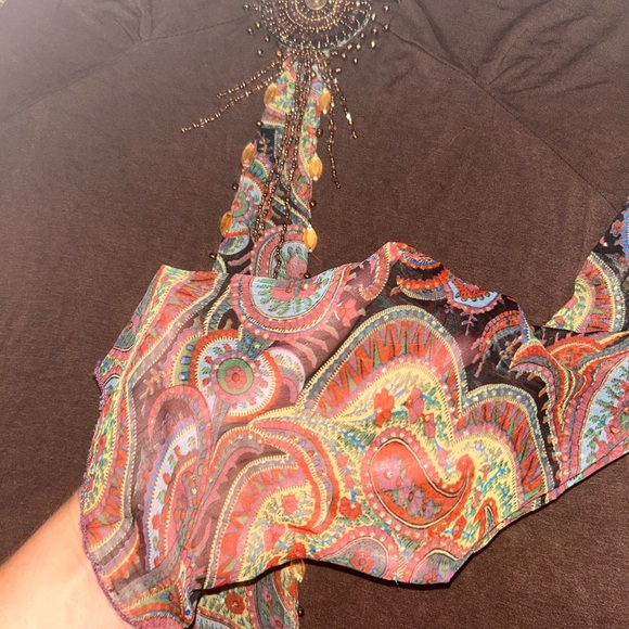 Vintage Brown Sequin Beaded Adorned Embellishments Top with Mesh Paisley Sleeves - Picture 2 of 8